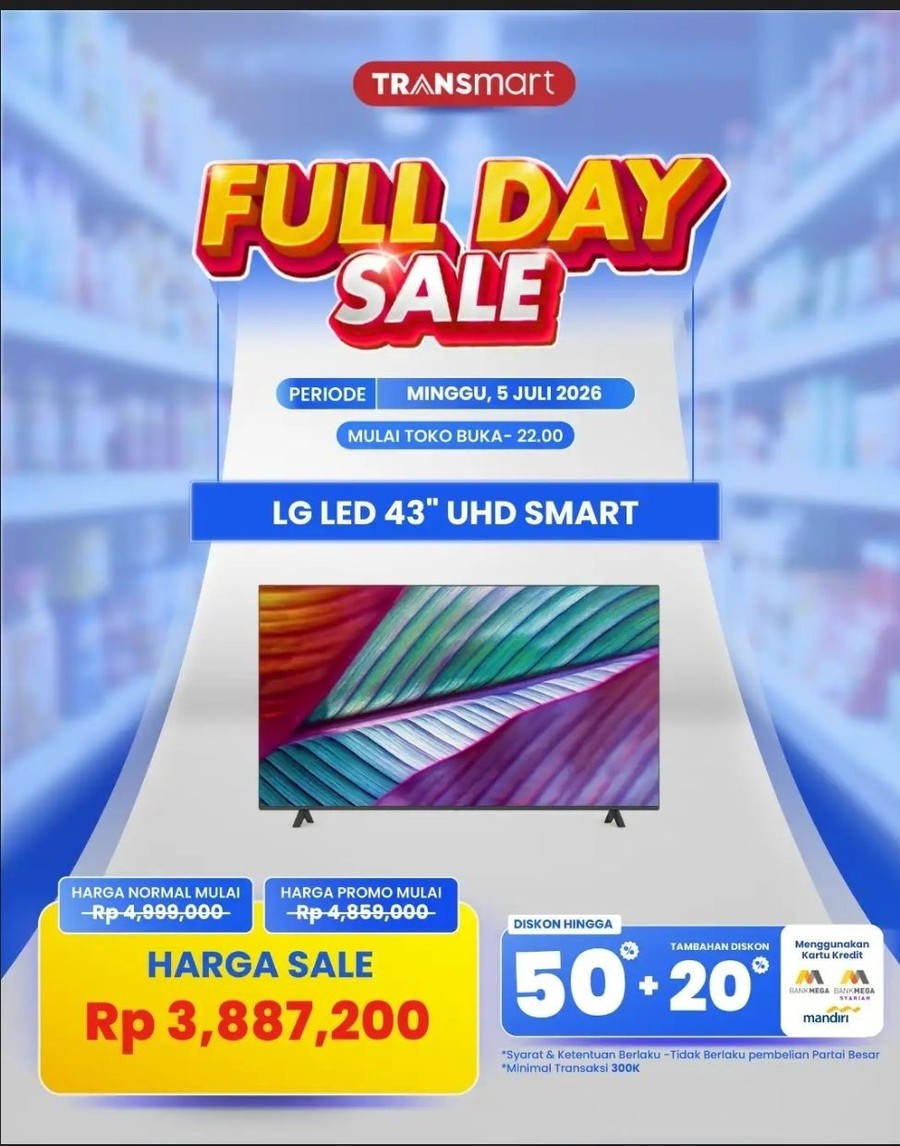 Transmart Full Day Sale Hadir Lagi, Beli Smart TV 43 Inch Hemat Rp 1 Juta Lebih!  Beritadua.com, Jakarta - Program belan